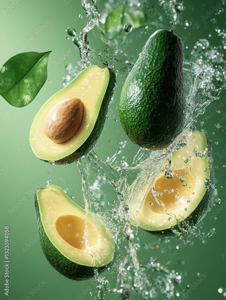 Poster a close up of a green avocado with a half cut in it. the image is of a fruit that is being splashed 