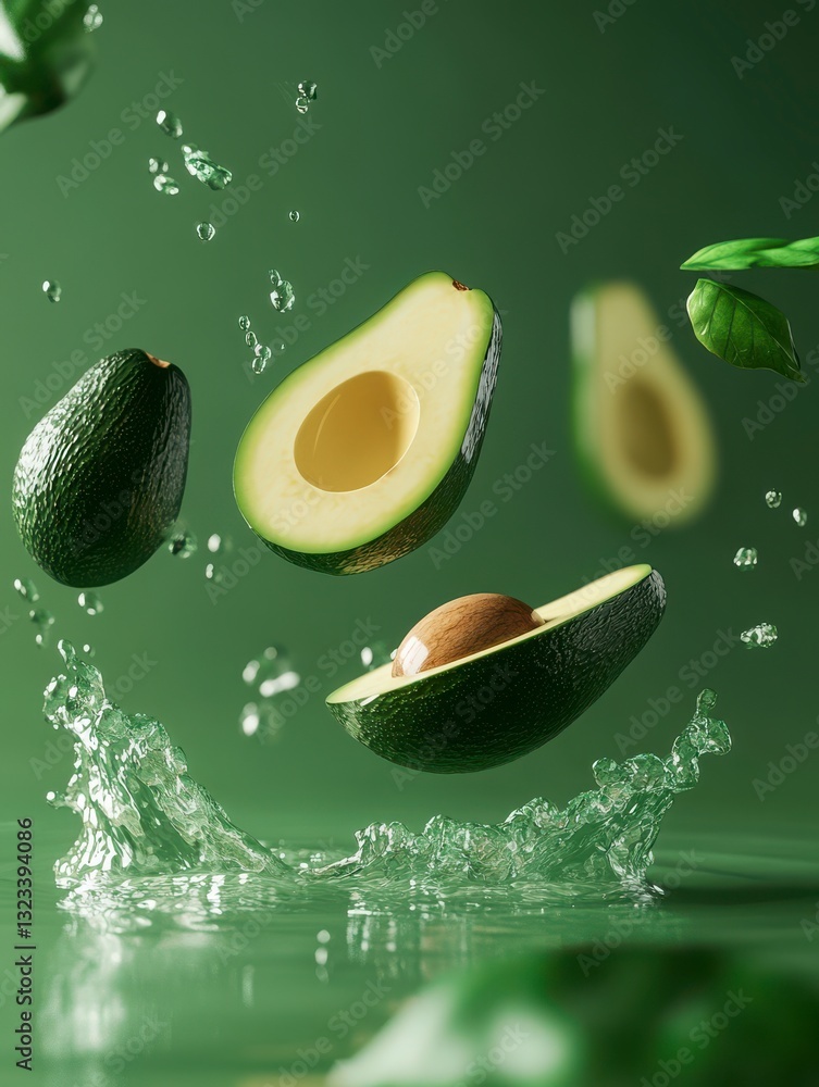 Poster a close up of a green avocado with a splash of water surrounding it. concept of freshness and vitali