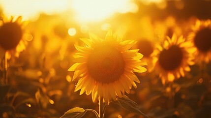 Fototapeta premium Vibrant Sunflower Field Illuminated by Golden Sunrise with Soft Bokeh Effect and Warm Atmosphere