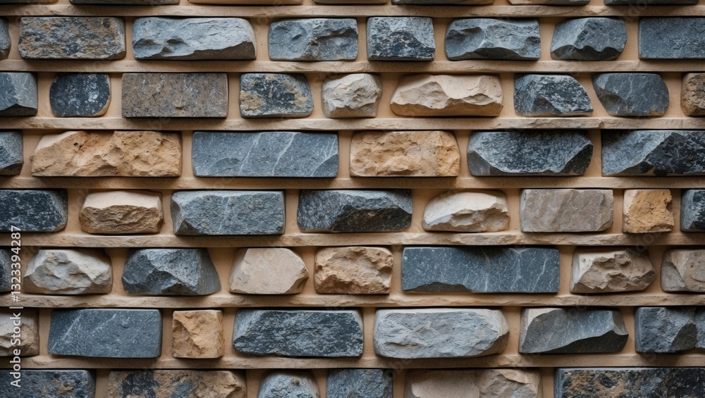 Poster decorative stone wall backdrop featuring randomly sized stones in shades of grey and beige arranged 