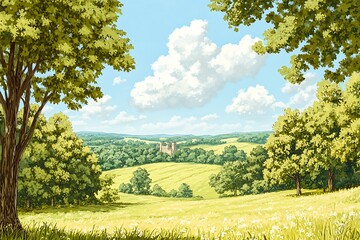Fototapeta premium Scenic meadow view with trees, distant castle, sunny sky, illustration, for travel or nature