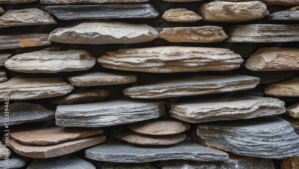 Poster multicolored layered stone texture with varying shades of gray and beige, positioned horizontally, s