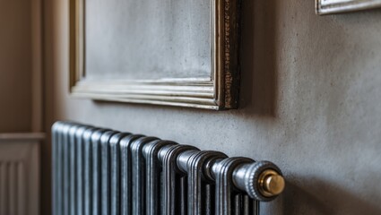 Elegant interior detail showcasing a black radiator against a textured gray wall, complemented by a vintage picture frame on the right side.