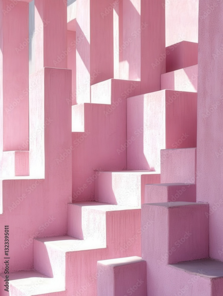Poster abstract image of a pink geometric structure with varying heights and depths, illuminated by sunligh