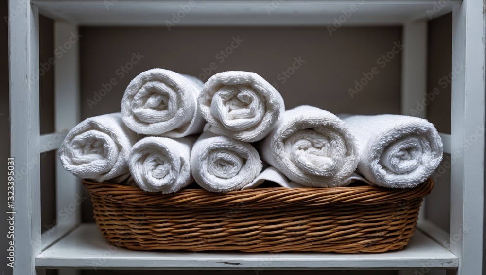Poster rolled white towels neatly arranged in a wicker basket on a white shelf with a soft grey background 