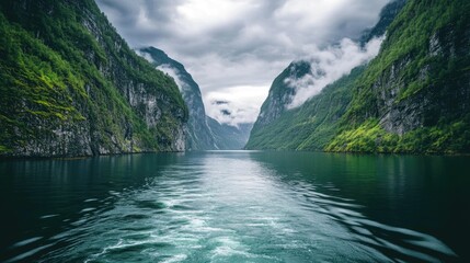 Fototapeta premium Serene Fjord Landscape with Misty Mountains and Calm Waters in a Stunning Natural Setting