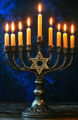 Fototapeta premium A lit menorah with a Star of David on top. The candles are lit and the menorah is on a table