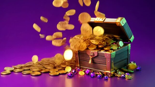 Fantasy Wooden Treasure Chest Brimming with Shiny Gold Coins and Precious Gems, Glowing on a Purple Background
