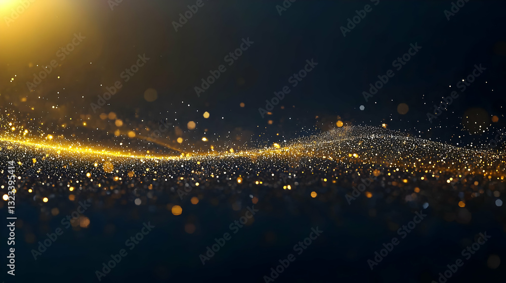 Poster abstract golden wave with glittering particles on dark background with bokeh and light effects
