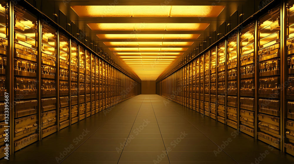 Poster gleaming gold data center hallway with metallic servers and bright illumination in abstract digital 