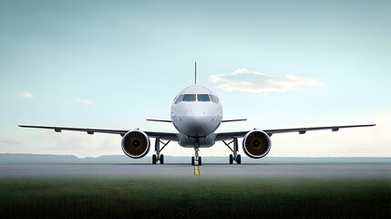 Naklejka premium Frontal View Of A White Airplane On A Runway With Blue Sky And Clouds Above Green Field