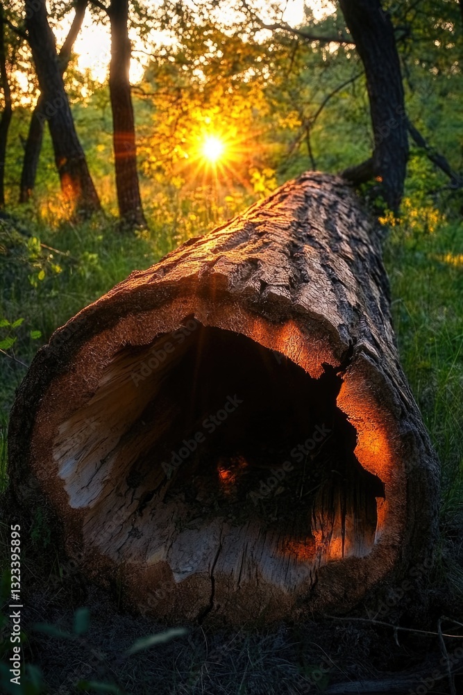 Poster a large tree has fallen in the middle of a dense forest, with debris scattered around it