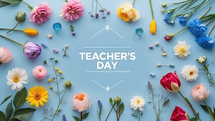 Flat lay of vibrant flowers in various colors on a light blue background, featuring space for text, ideal for Teacher's Day celebrations.