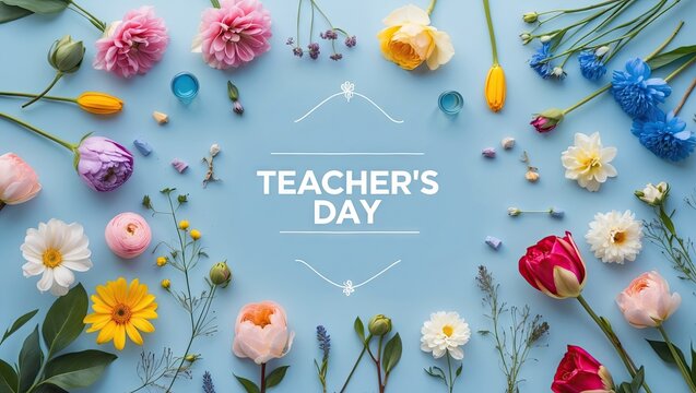 Flat lay of vibrant flowers in various colors on a light blue background, featuring space for text, ideal for Teacher's Day celebrations.