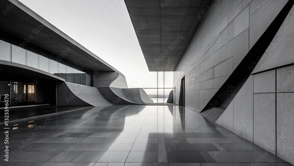 Poster futuristic architectural space with smooth gray concrete curves and sharp angles, reflecting light o