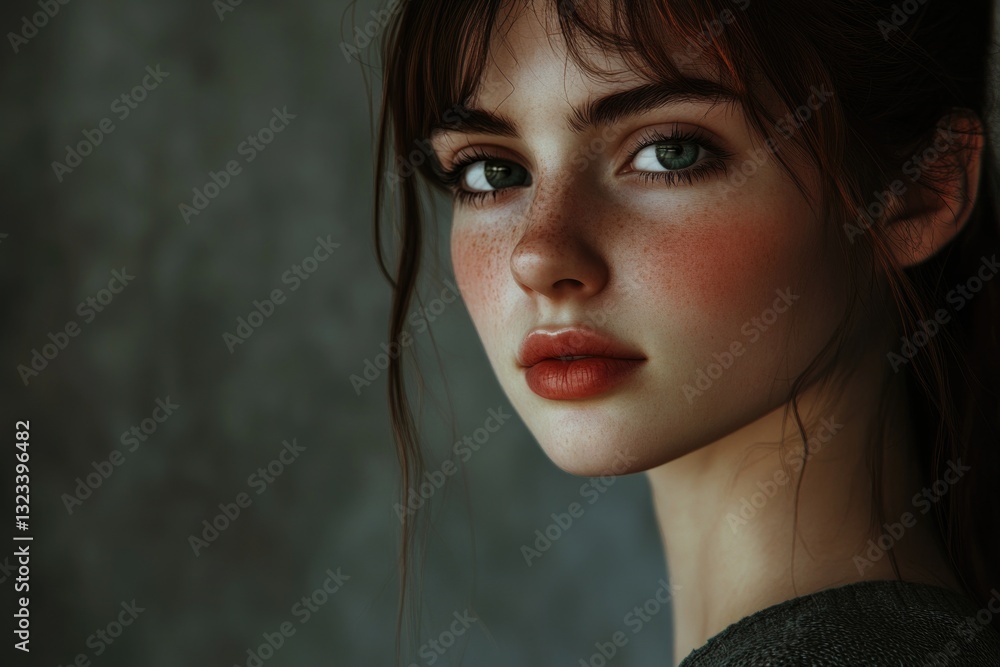 Poster close-up portrait of a woman with distinctive freckles on her face
