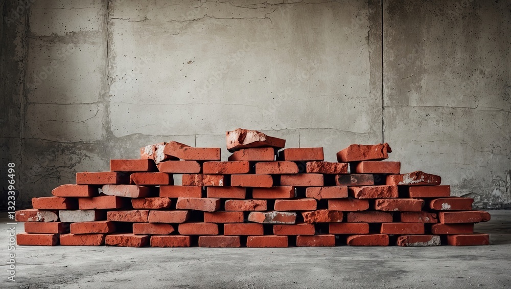 Poster piled red bricks in a rustic arrangement with a blank gray cement backdrop creating a textured indus