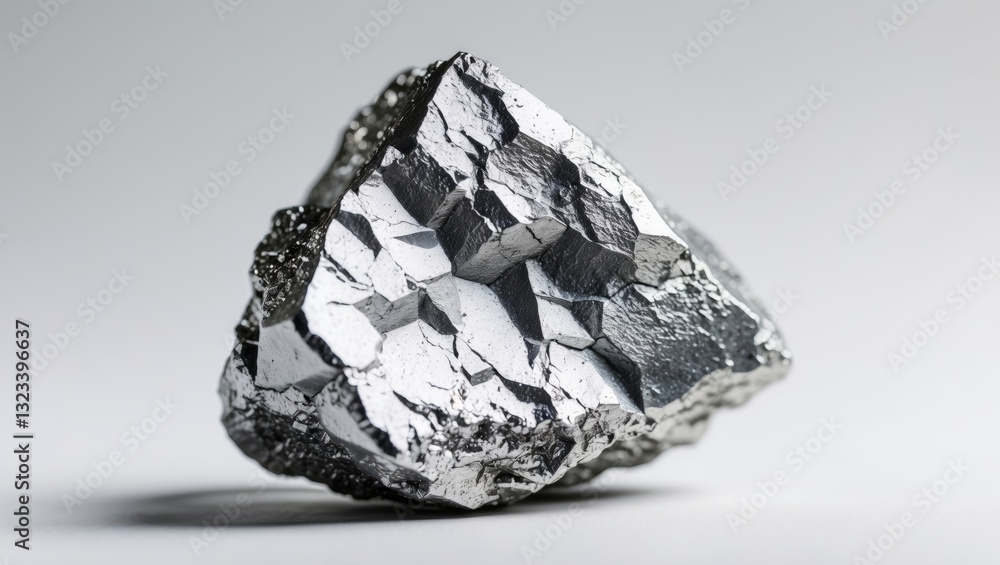 Poster shiny metallic mineral with angular crystalline structures displayed on a light gray surface, highli