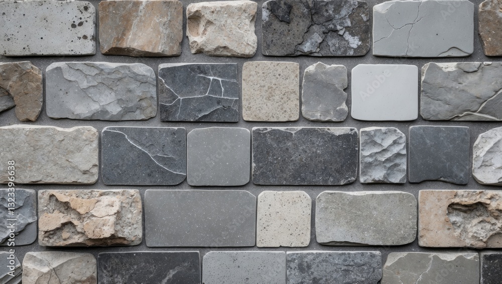 Poster grey stone tile texture with mixed square shapes in varying shades of gray positioned in a seamless 