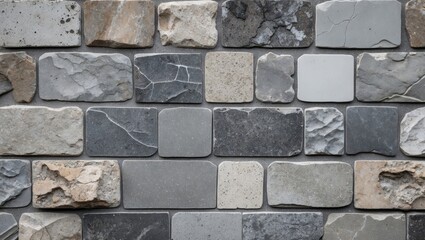Fototapeta premium Grey stone tile texture with mixed square shapes in varying shades of gray positioned in a seamless horizontal arrangement on a rustic background.