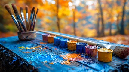 Vibrant autumn scene with paint supplies on a wooden table amidst colorful foliage