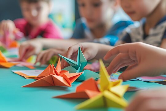 Children joyfully participate in a creative workshop, mastering the art of origami by skillfully folding vibrant paper into intricate designs.