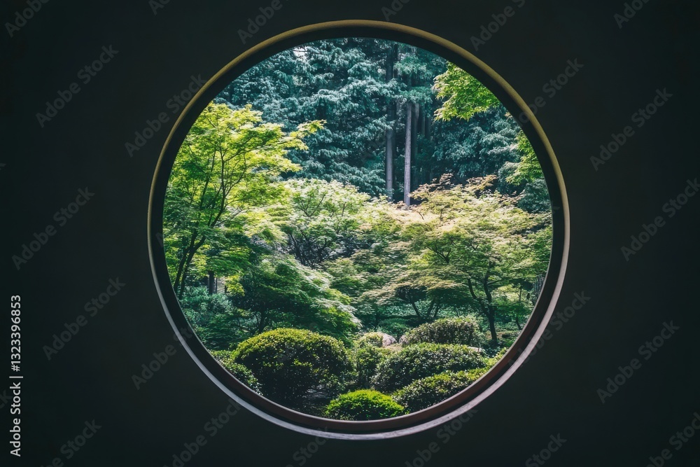 Poster a view of a forest through a circular window. the trees are green and the sunlight is shining throug