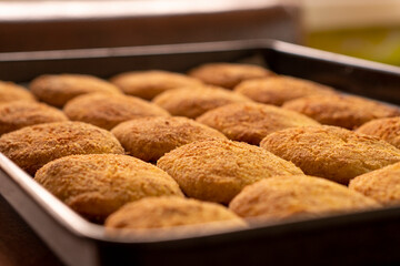Cottage cheese pancakes on a baking sheet.Dessert.Syrniki