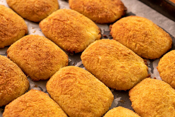 Cottage cheese pancakes on a baking sheet.Dessert.Syrniki