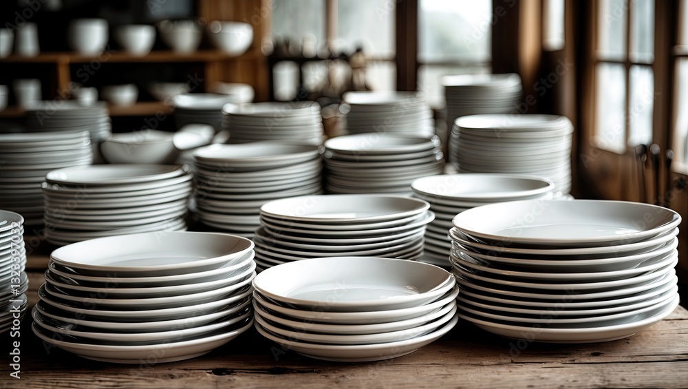 Poster stacks of neat white plates arranged on a rustic wooden table with natural light streaming through l