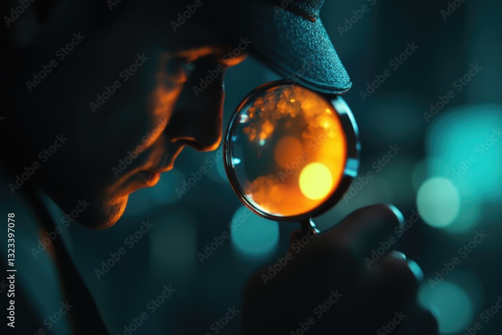 Poster a person closely inspecting something using a handheld magnifying glass, possibly for scientific or 