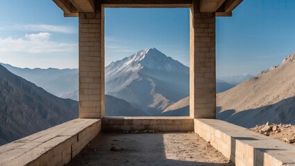 Deserted concrete structure framing a majestic mountain view with soft blue skies and rugged brown mountains in the background, evoking serenity.
