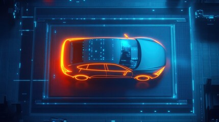 Obraz premium Futuristic Car Design with Neon Lights and Digital Elements Overhead Perspective in a High-Tech Environment