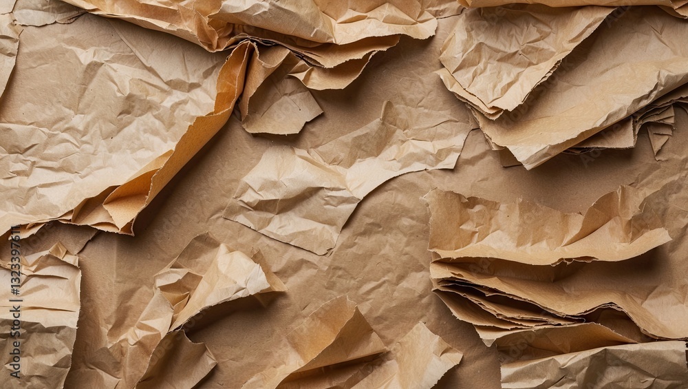 Poster textured crumpled brown recycled paper background with creases in various shades of beige and brown,