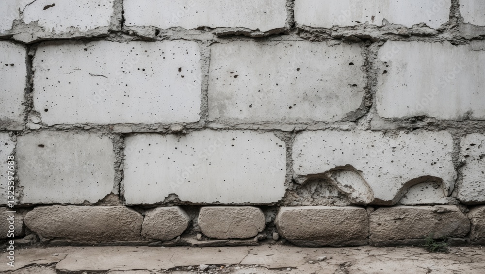Poster textured old white cement wall with uneven blocks and peeling areas at the bottom against a gray bac