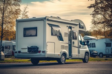A recreational vehicle parked at the side of a highway, possibly with a breakdown or awaiting repair