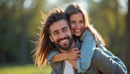Naklejka premium A happy couple, a young woman with long brown hair and a man with a beard, embrace joyfully in a sunlit park. Their radiant smiles and carefree expressions capture the essence of love and