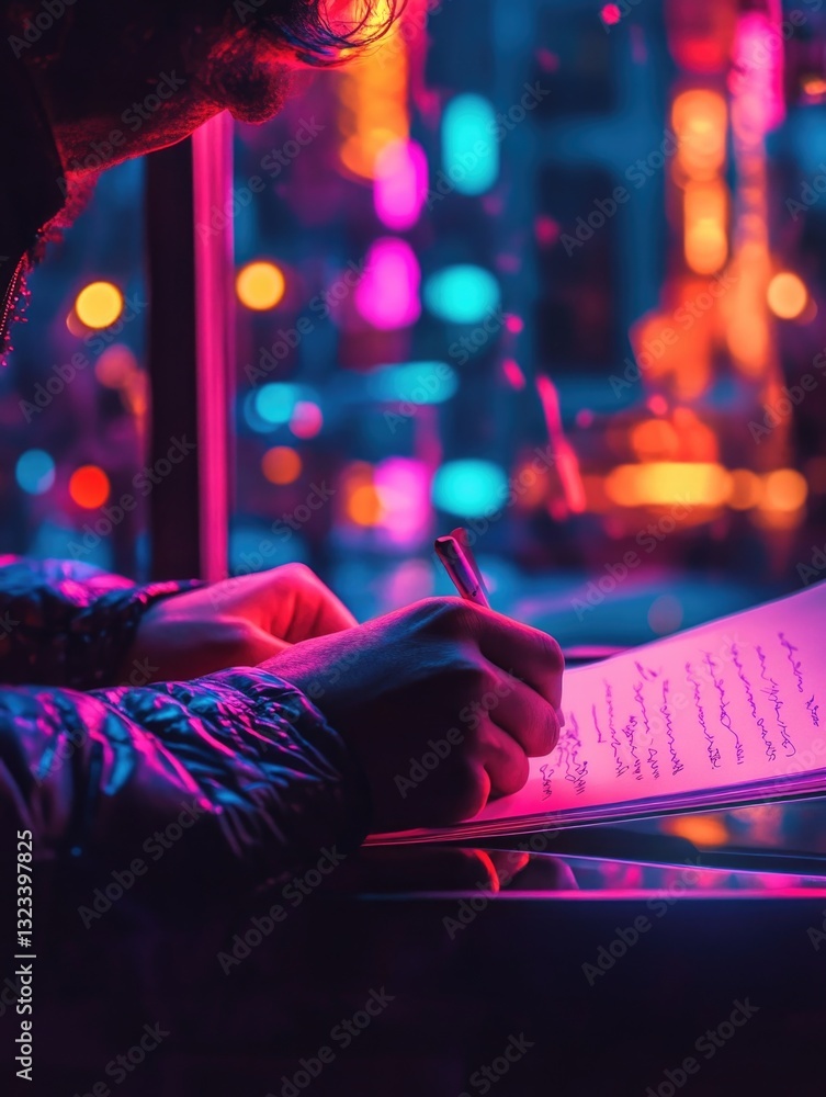 Poster a person writes on a piece of paper in front of a window, possibly contemplating or brainstorming
