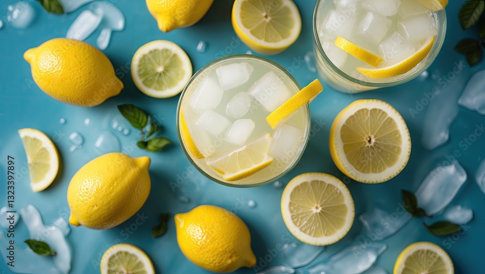 Aufkleber refreshing lemonade in clear glasses with ice and lemon slices on a bright blue background surrounde