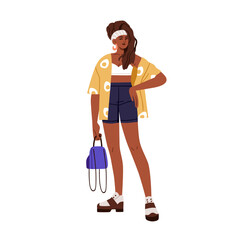 Black woman in modern outfit. Stylish fashion female posing in casual summer apparel, clothes in trendy style. Girl in crop top, shorts and shirt. Flat vector illustration isolated on white background