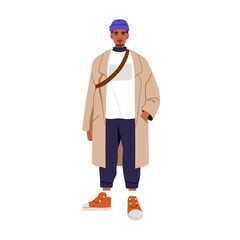 Man in modern street style outfit. Young black person standing in casual clothes, coat, beanie hat, sneakers, cross-body bag, trendy stylish look. Flat vector illustration isolated on white background