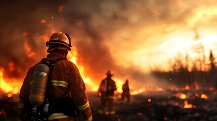 Heroic volunteer firefighters and first responders courageously battling a massive wildfire dousing flames and tending to injured victims with urgency and unwavering determination in a smoke filled