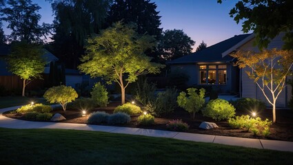 Serene night garden landscape featuring illuminated trees and shrubs, soft warm lights, and a pathway curving through lush greenery under twilight.
