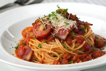 Delicious Spaghetti Amatriciana &ndash; Traditional Recipe with Savory Bacon and Rich Tomato Sauce