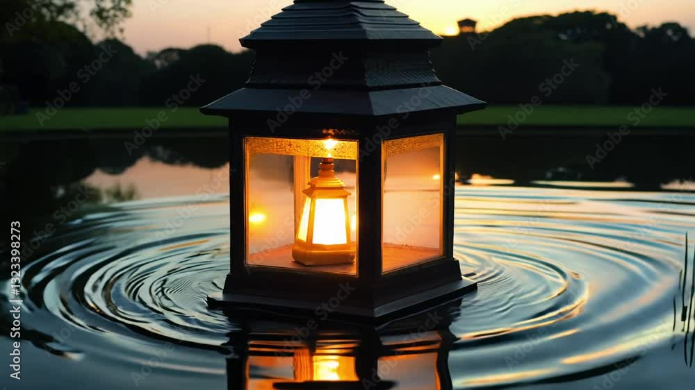 Poster dolly forward video to focus on a glowing lantern floating on a still pond, backlit by the setting s
