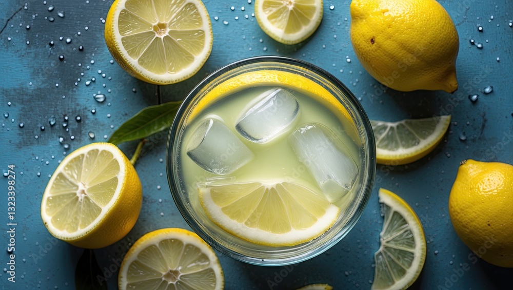 Aufkleber refreshing lemonade in glass with ice and lemon slices surrounded by fresh lemons on blue background