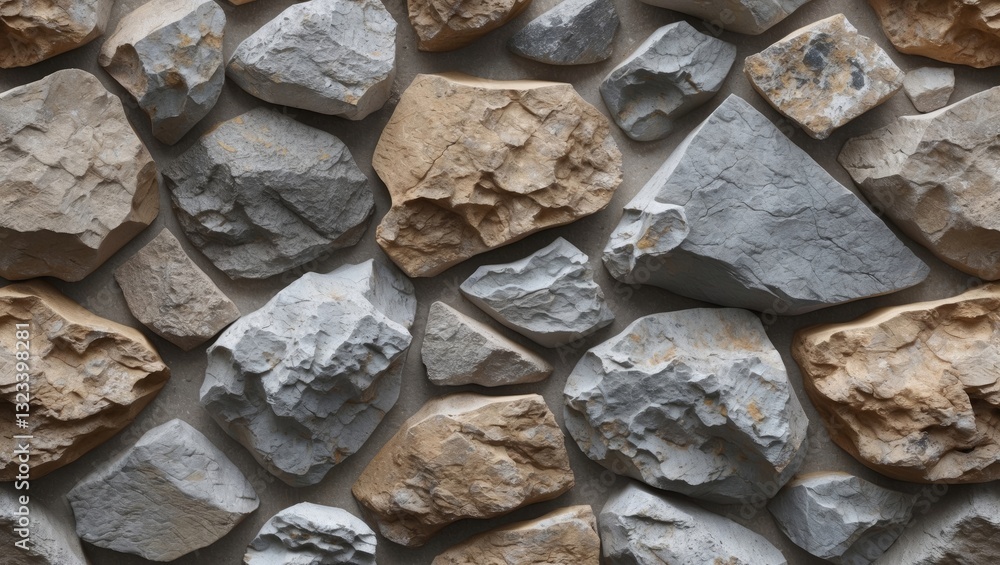 Poster textured background featuring an array of irregularly shaped gray and brown stones arranged closely 