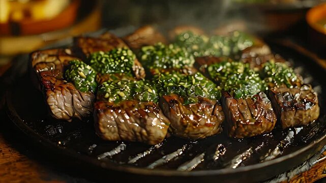 video of hot plate of asado served with chimichurri on the side in Argentina	
