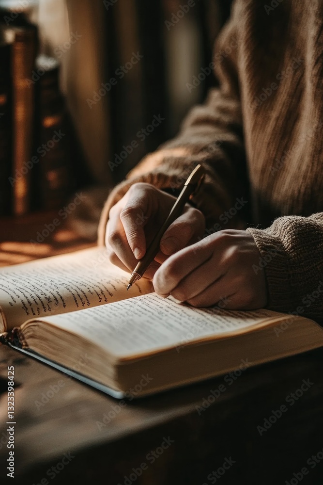 Poster a person sits at a table with an open book, writing notes and ideas