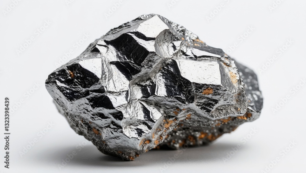 Poster Shiny metallic mineral fragment with sharp facets positioned on a soft white background highlighting its reflective surfaces and textures.